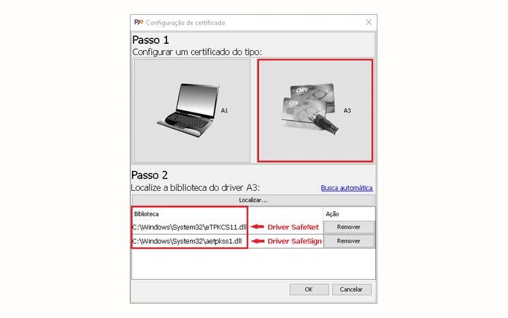 Official PJeOffice Pro A1 and A3 driver recognition screen