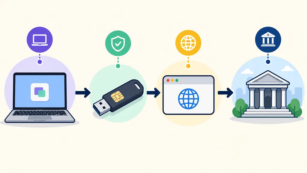 Diagramma editoriale che collega app Mac, token del certificato, browser e portale giudiziario