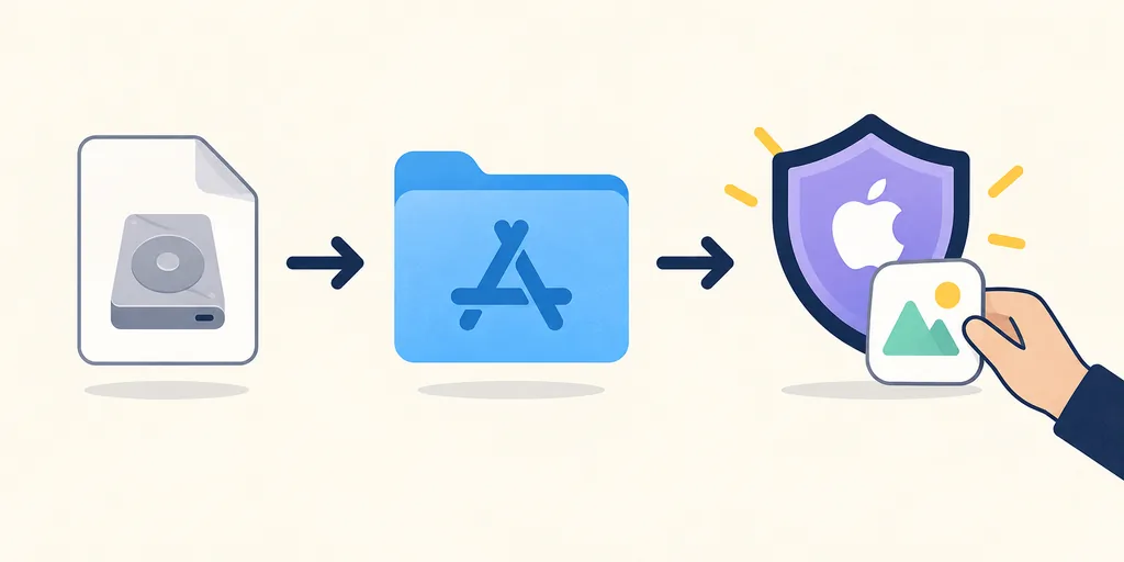 Illustrazione editoriale di un DMG Mac che passa in Applicazioni e in una verifica di sicurezza mirata