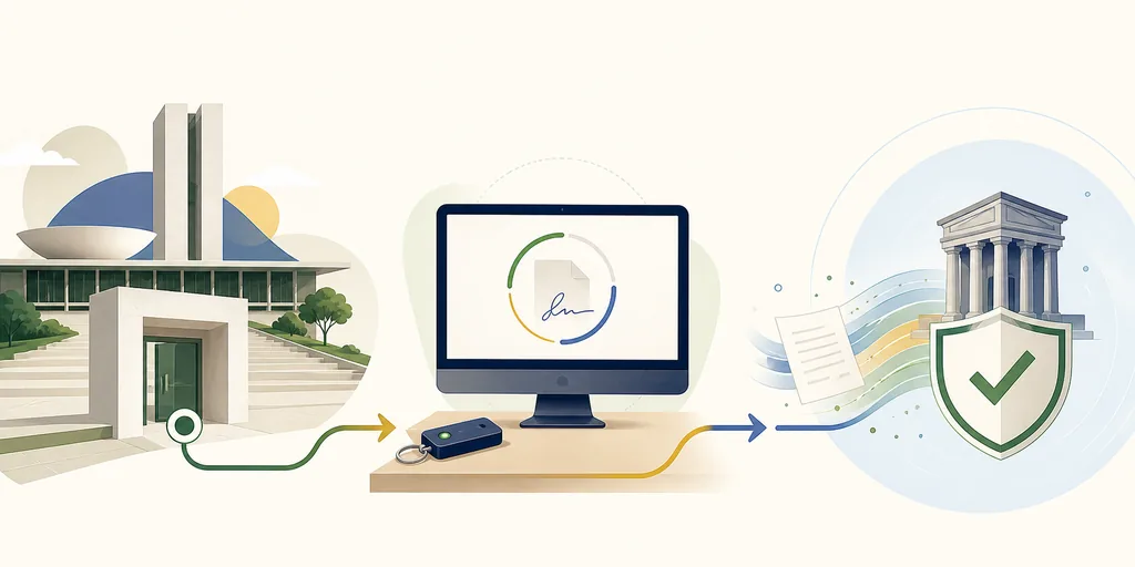 Redaktionelle Illustration einer Portal-Anfrage über einen Desktop-Zertifikatsignierer
