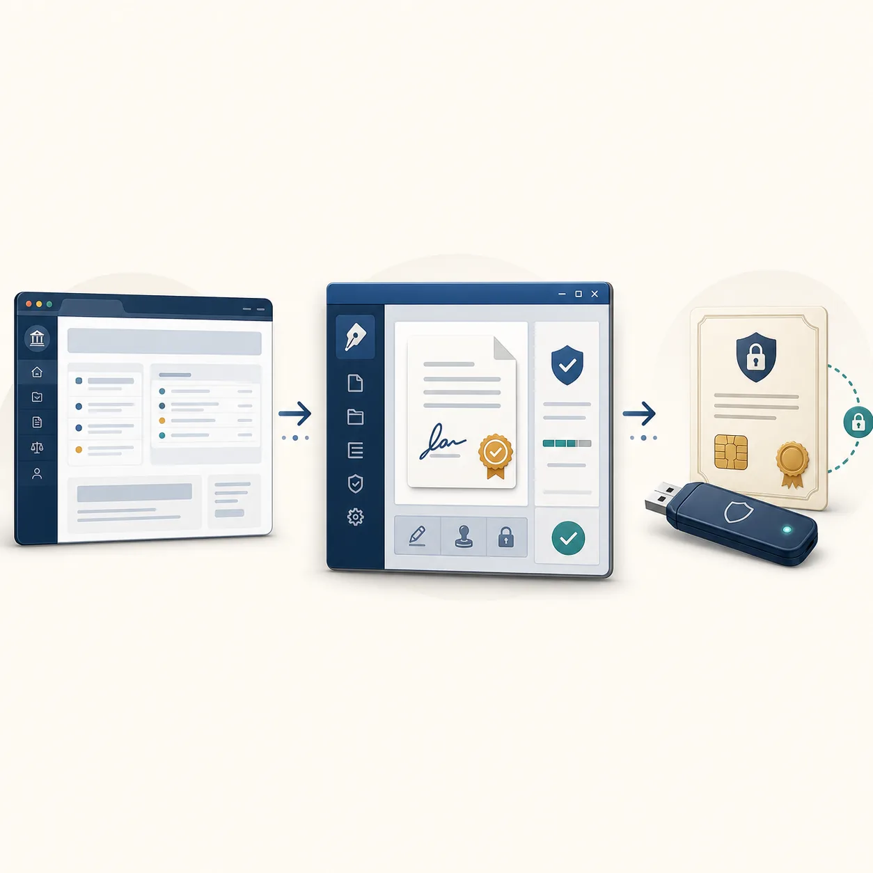 Concept illustration separating the court portal, local PJeOffice signer, and digital certificate