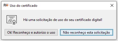 Official PJeOffice example of a certificate-use confirmation dialog.