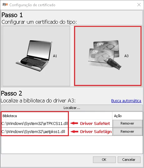Official PJeOffice example showing certificate driver recognition options.